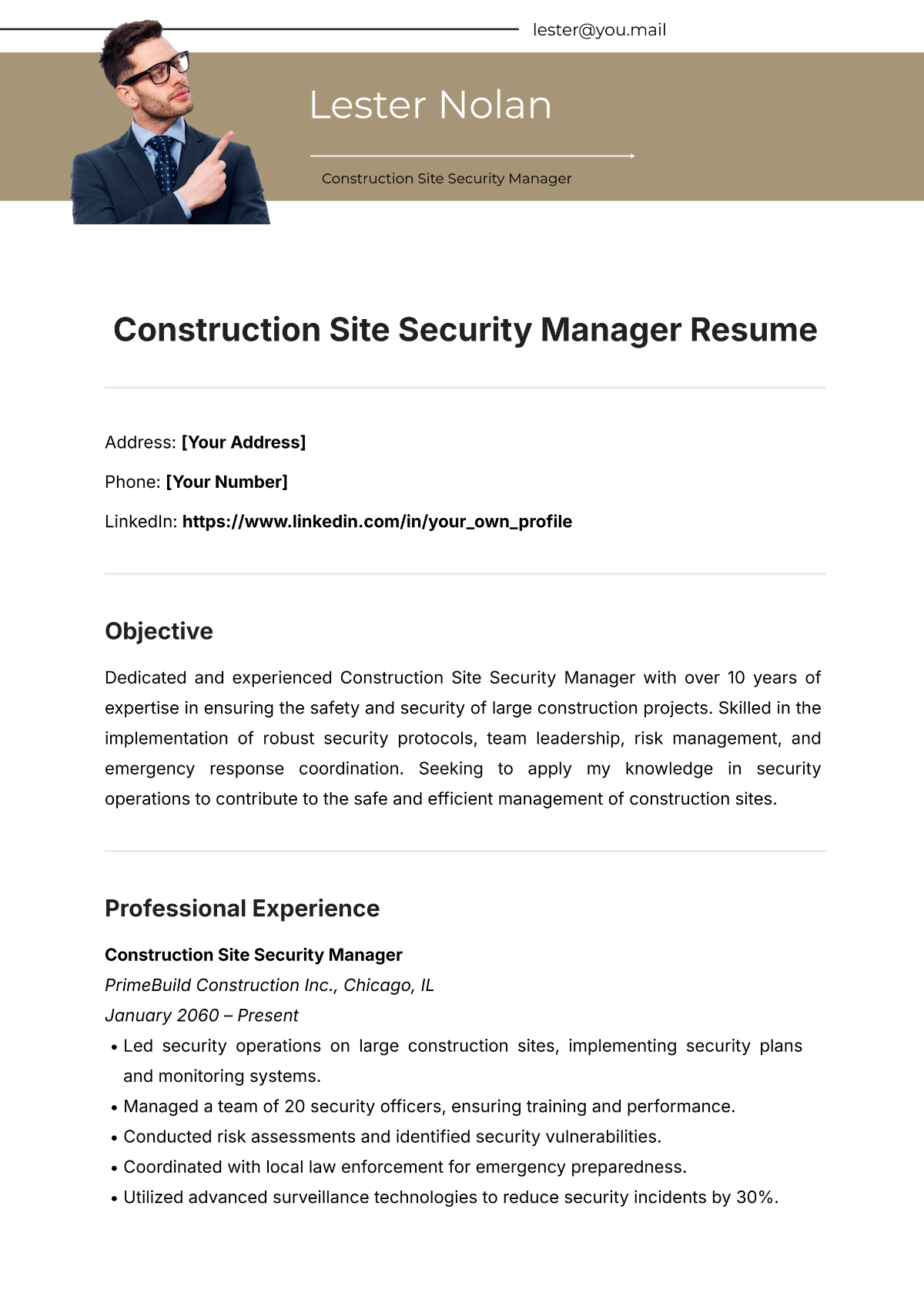 Free Construction Site Security Manager Resume Template