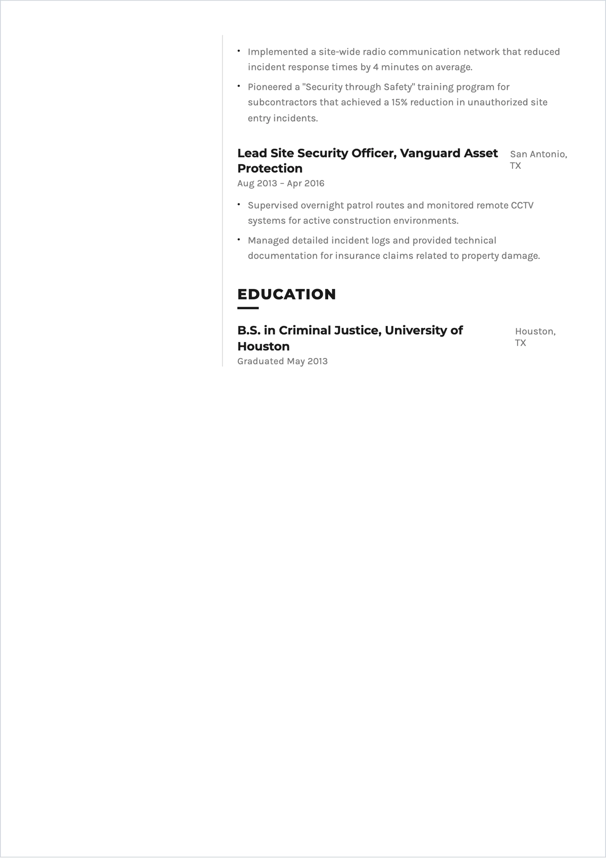 Free Construction Site Security Manager ATS Resume Template