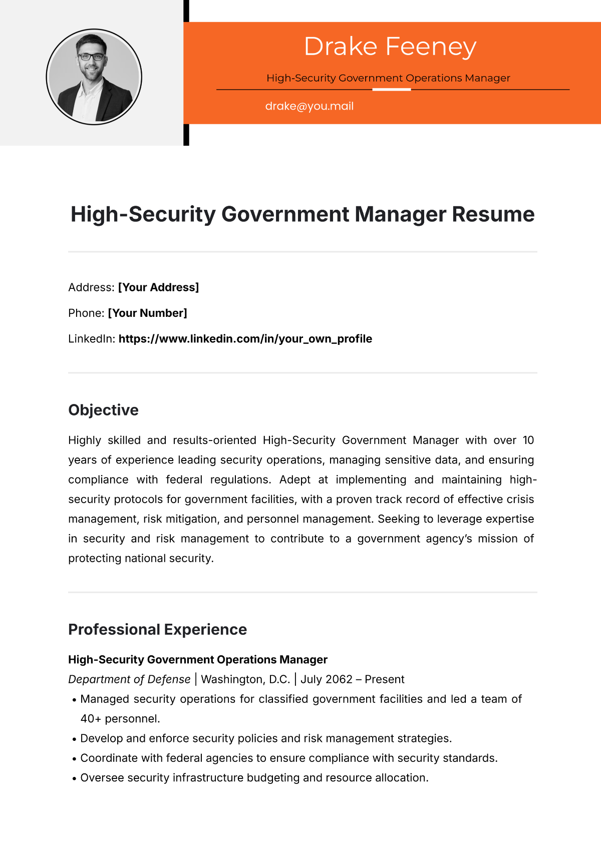 Free High-Security Government Manager Resume Template