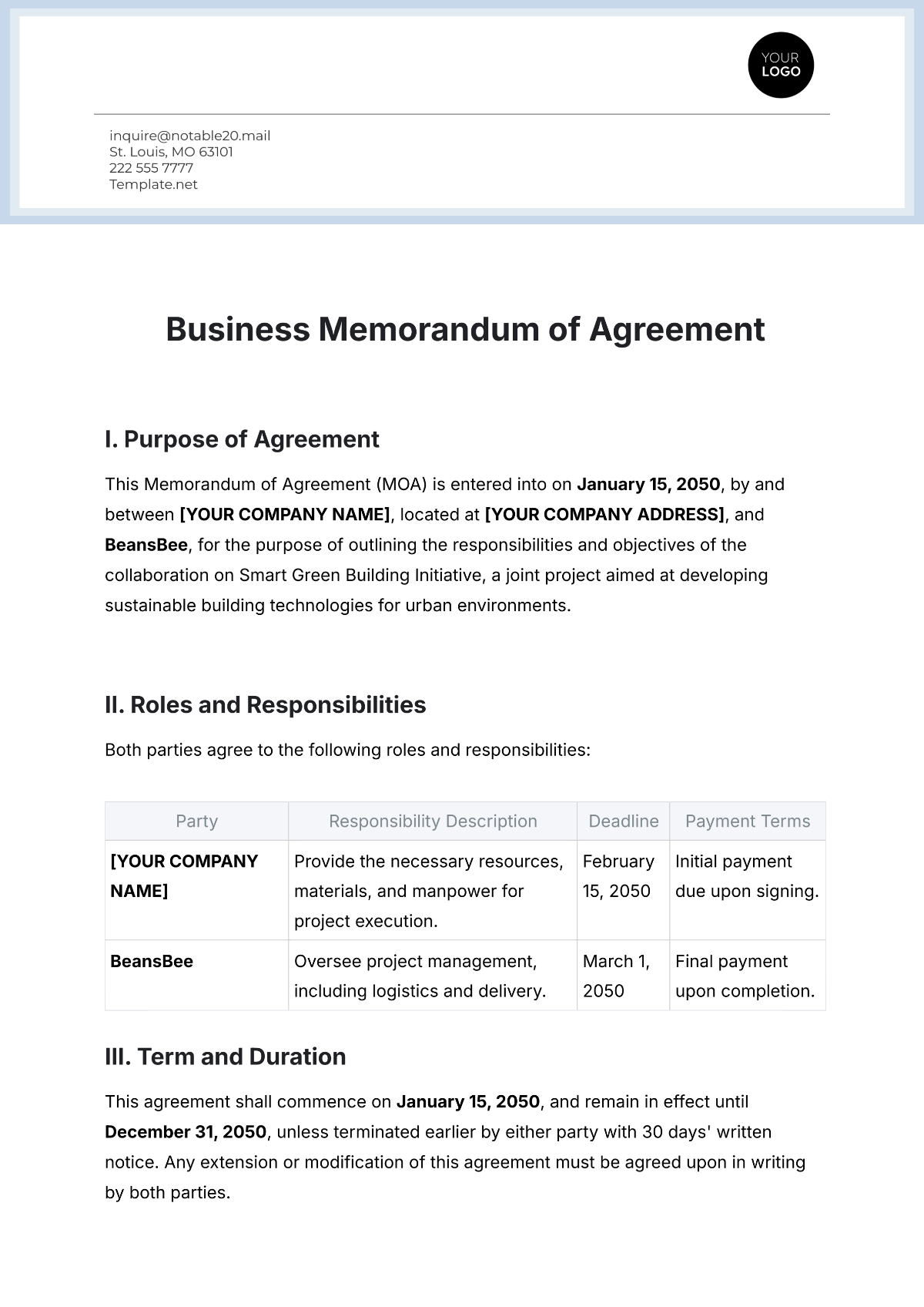 Free Business Memorandum of Agreement Template