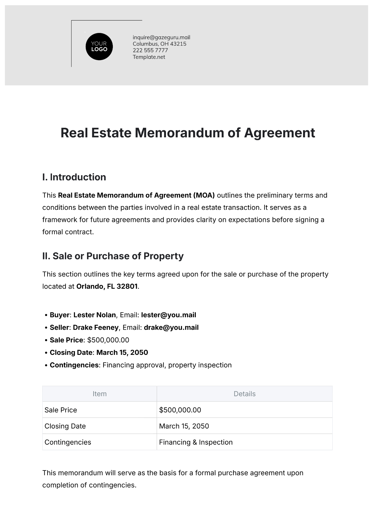 Free Real Estate Memorandum of Agreement Template