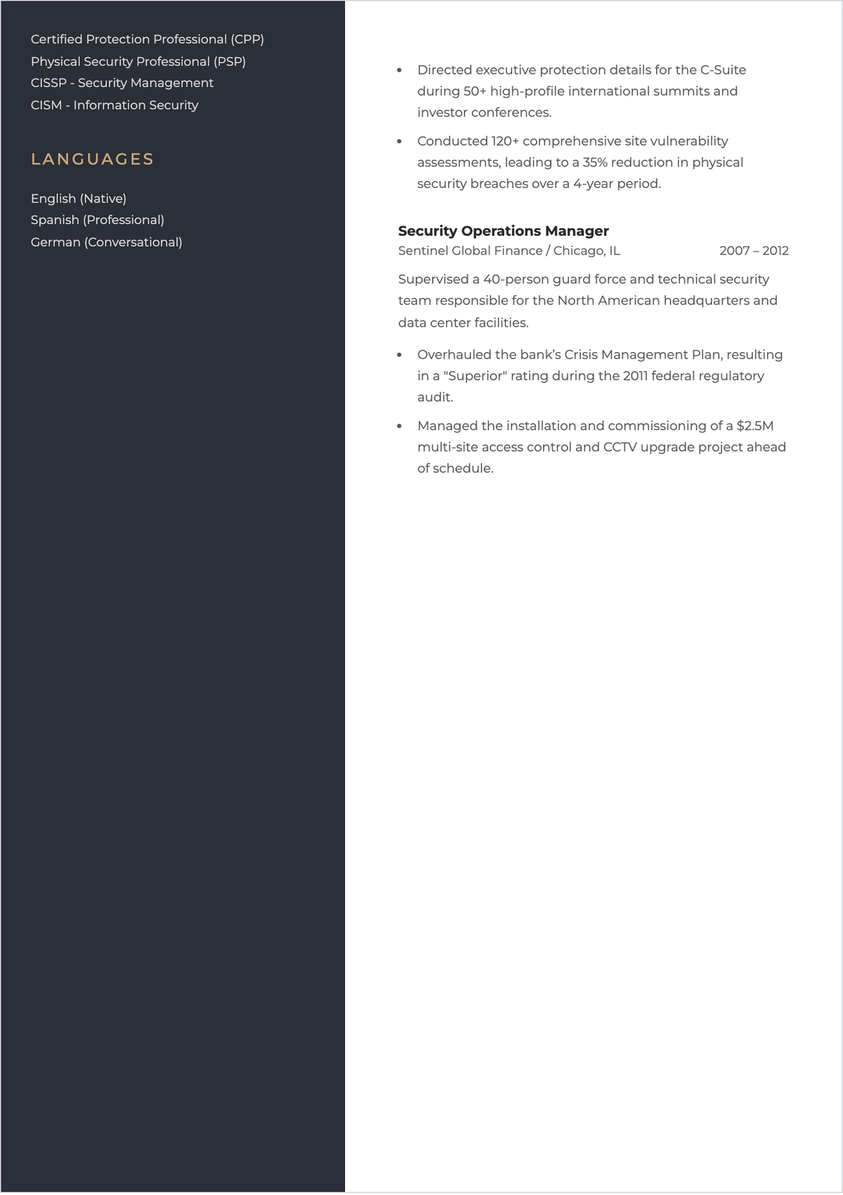 Free Professional Executive Security Manager ATS Resume Template