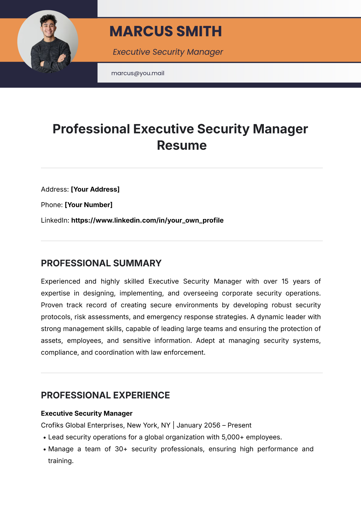 Free Professional Executive Security Manager Resume Template