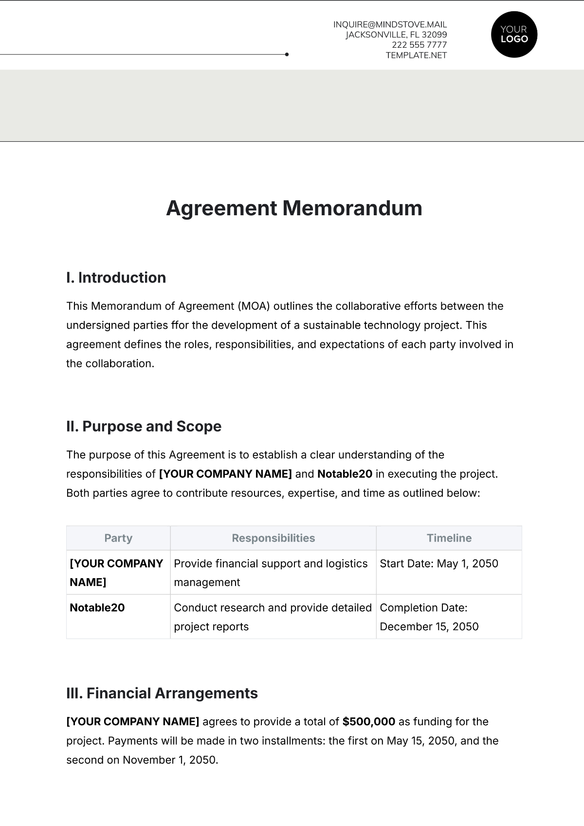 Free Agreement Memorandum Template