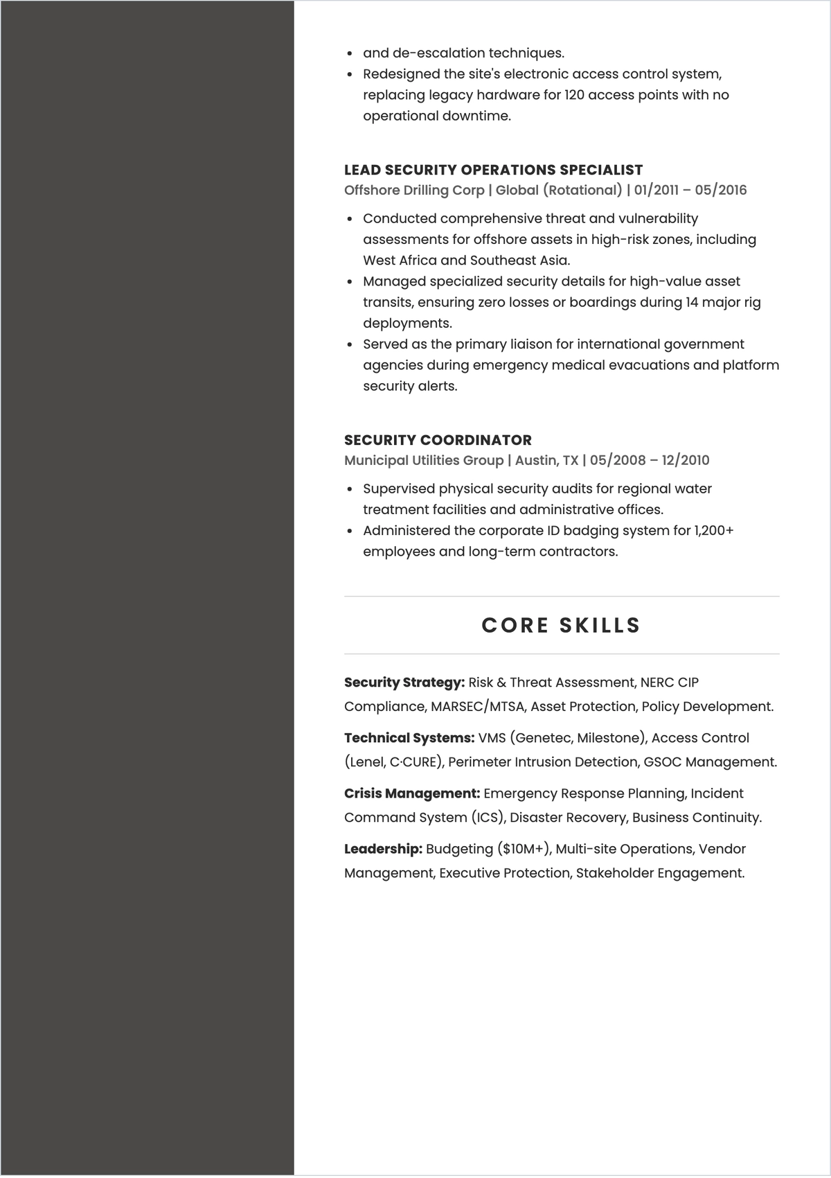 Free Energy Sector Security Manager ATS Resume Template
