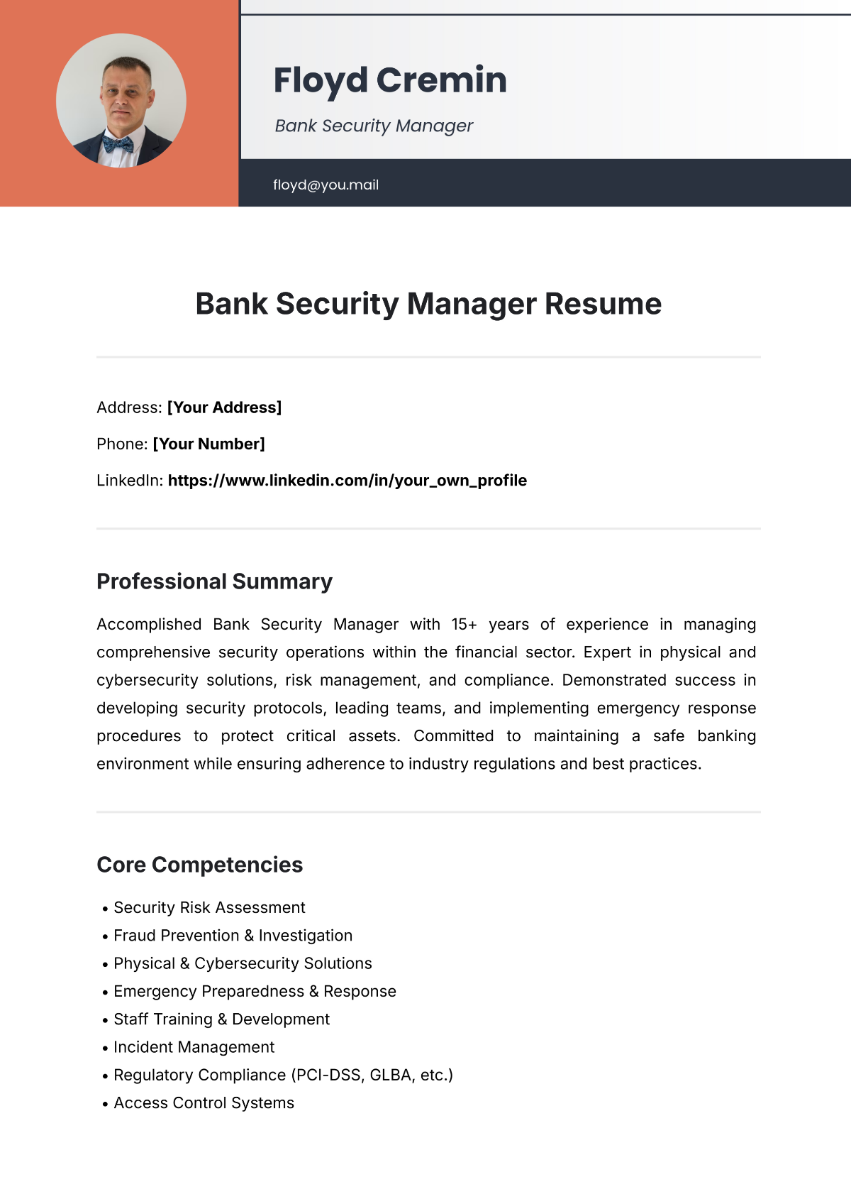 Free Bank Security Manager Resume Template