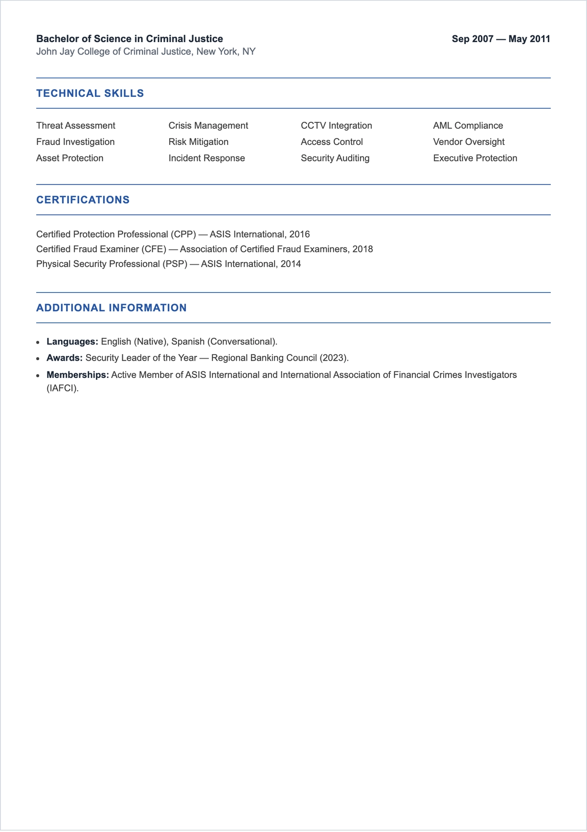 Free Bank Security Manager ATS Resume Template, AI Resume Builder
