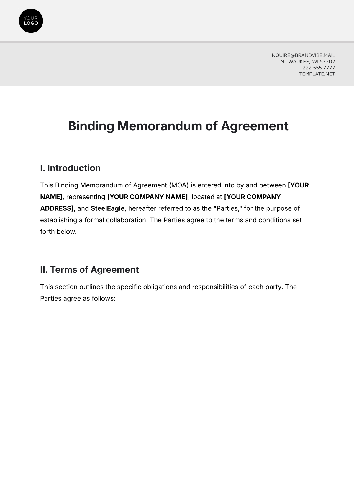 Free Binding Memorandum of Agreement Template