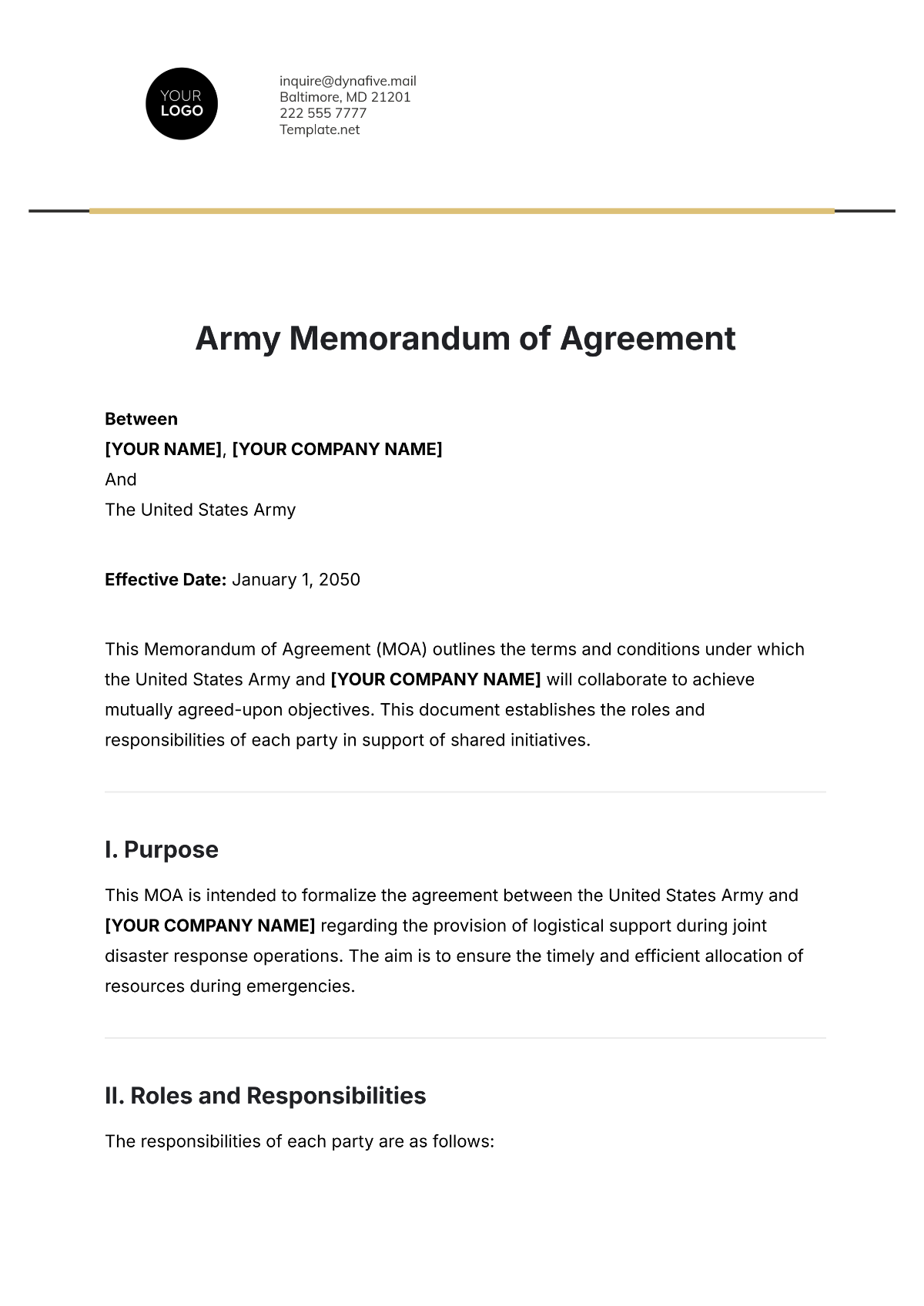 Free Army Memorandum of Agreement Template