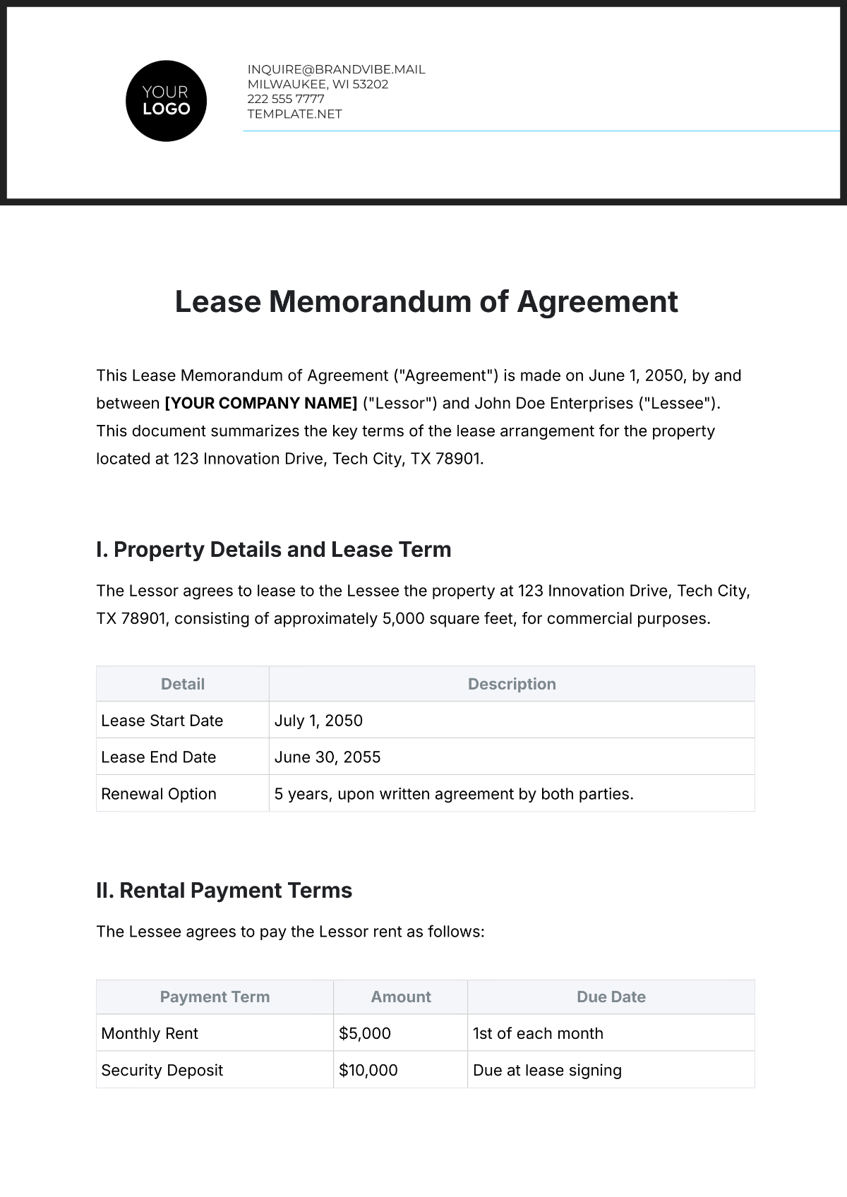 Free Lease Memorandum of Agreement Template