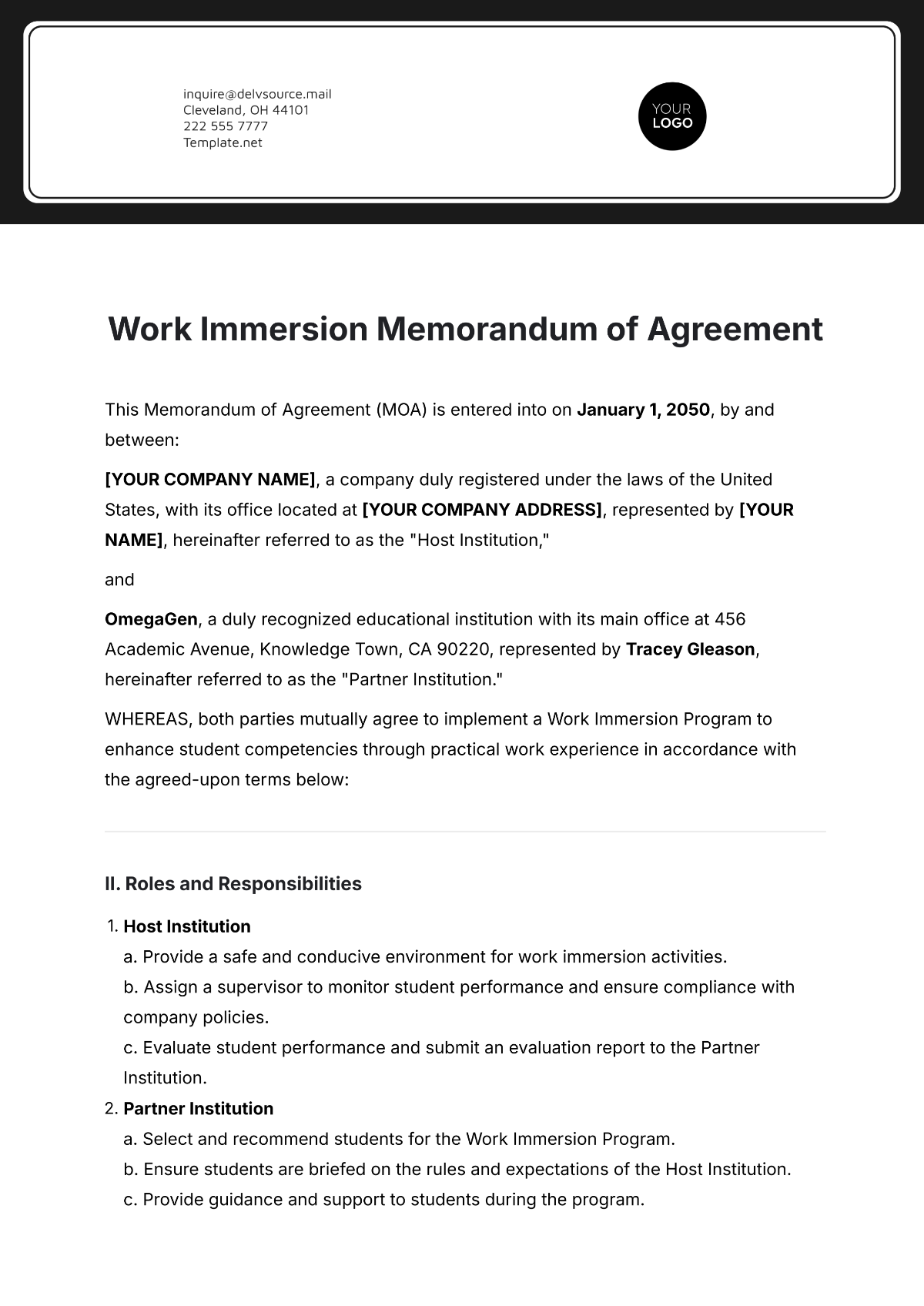 Free Work Immersion Memorandum of Agreement Template