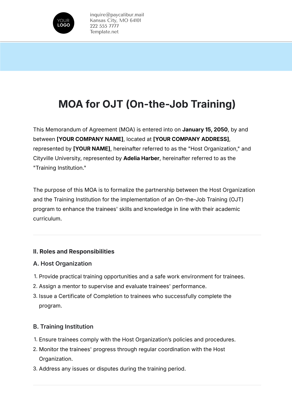 Free MOA for OJT (On-the-Job Training) Template