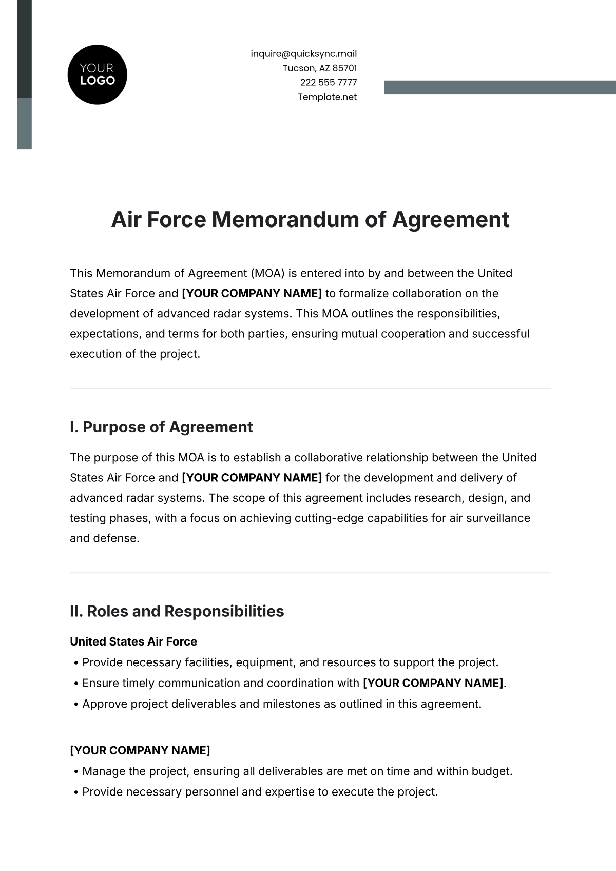 Free Air Force Memorandum of Agreement Template