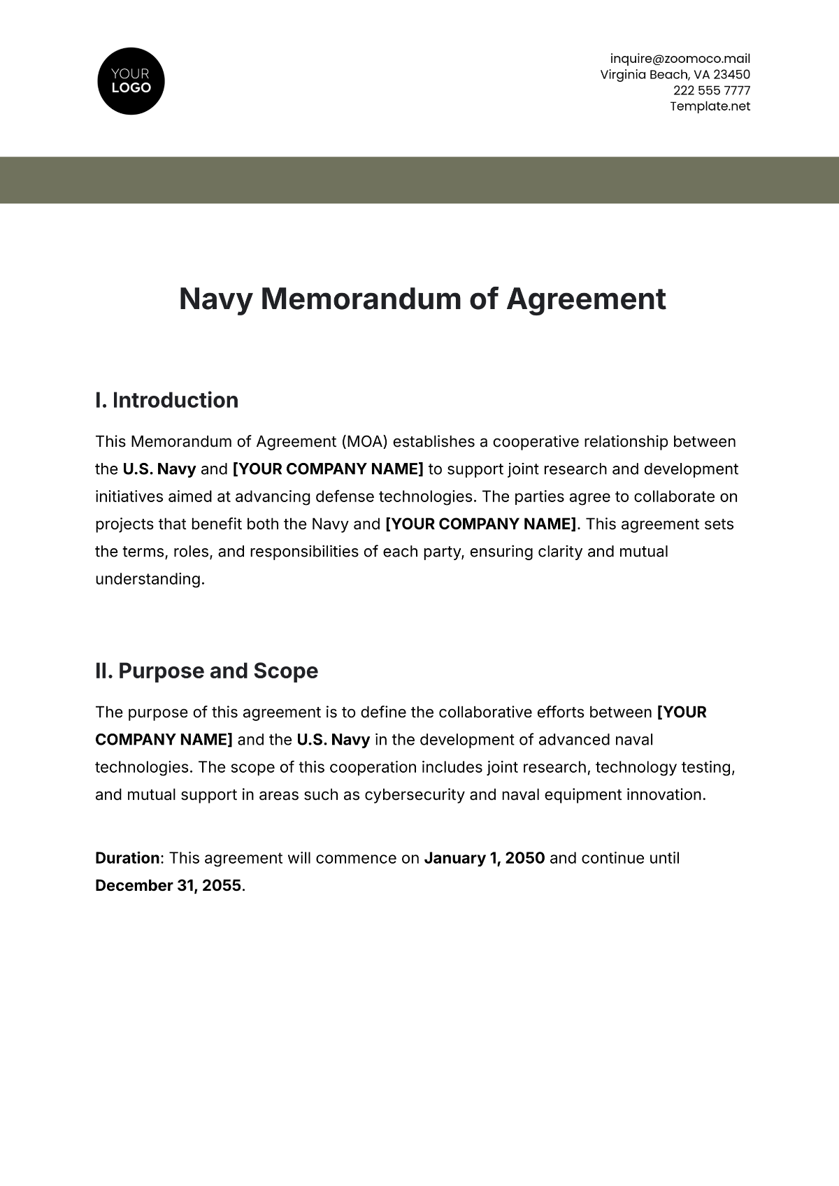 Free Navy Memorandum of Agreement Template