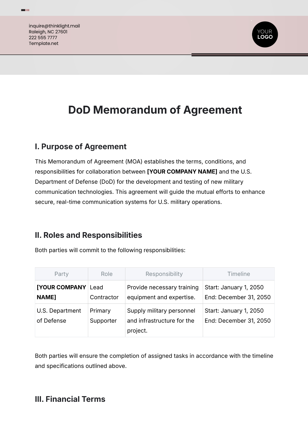 Free Dod Memorandum of Agreement Template