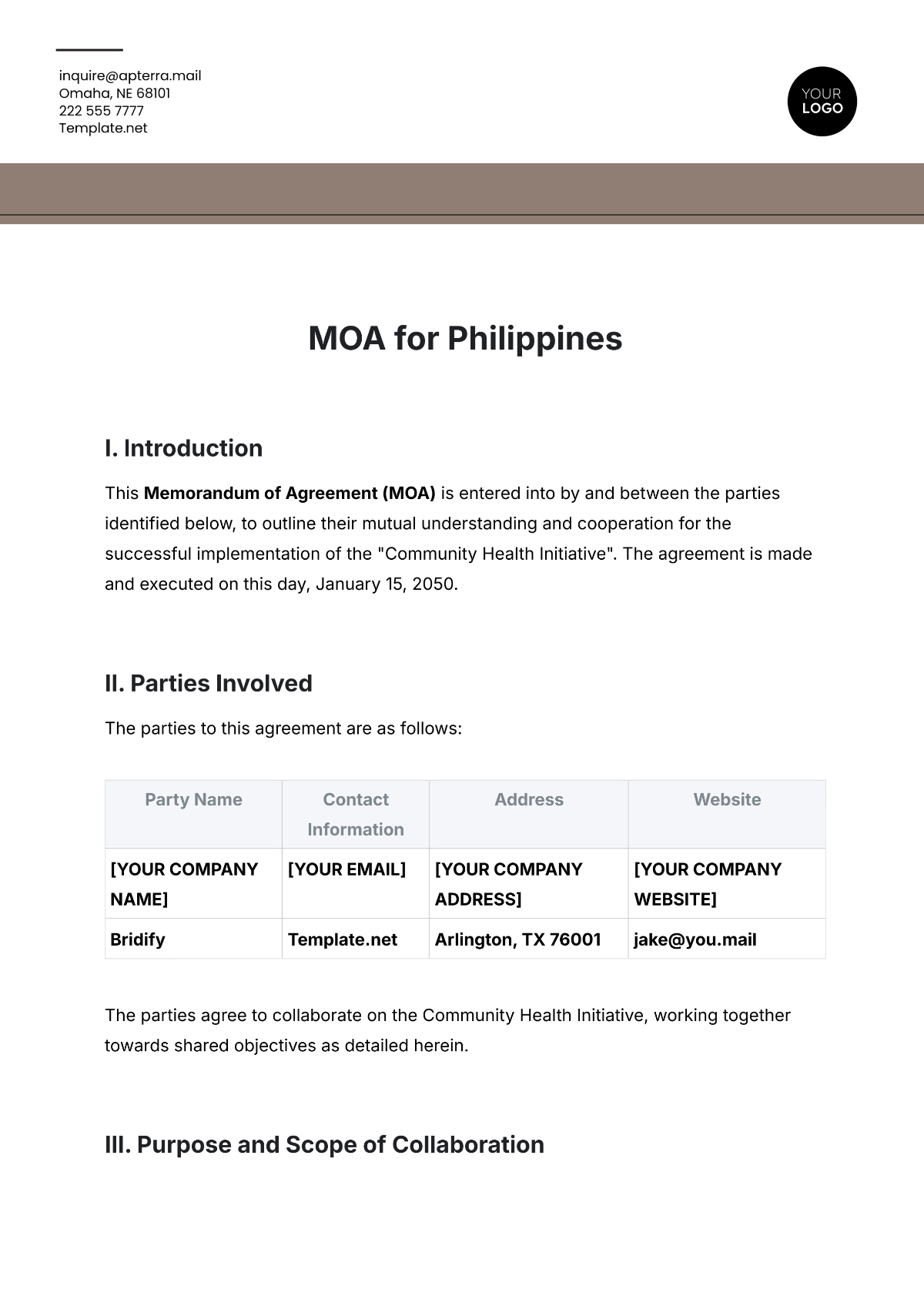 Free MOA Template for Philippines