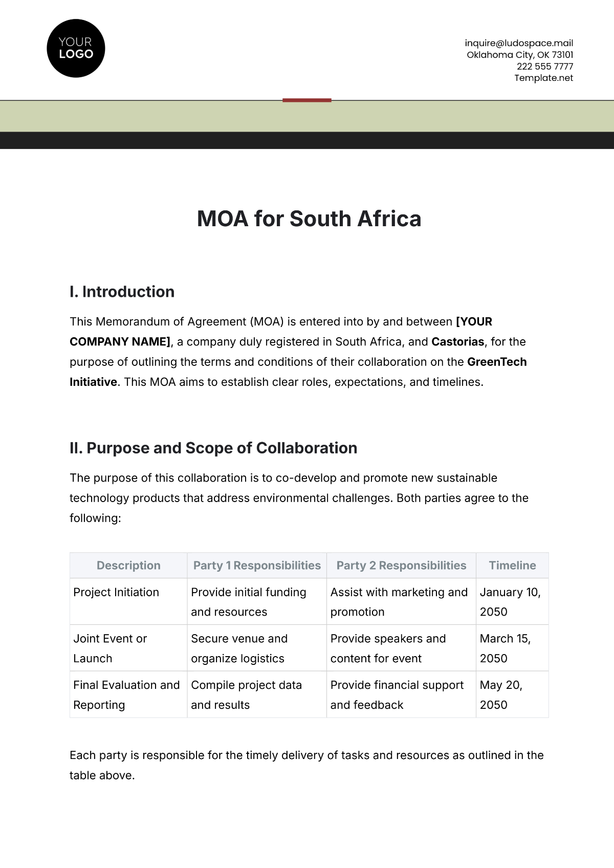 Free MOA Template for South Africa