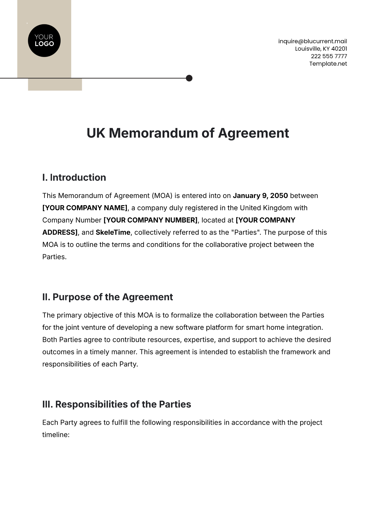 Free UK Memorandum of Agreement Template