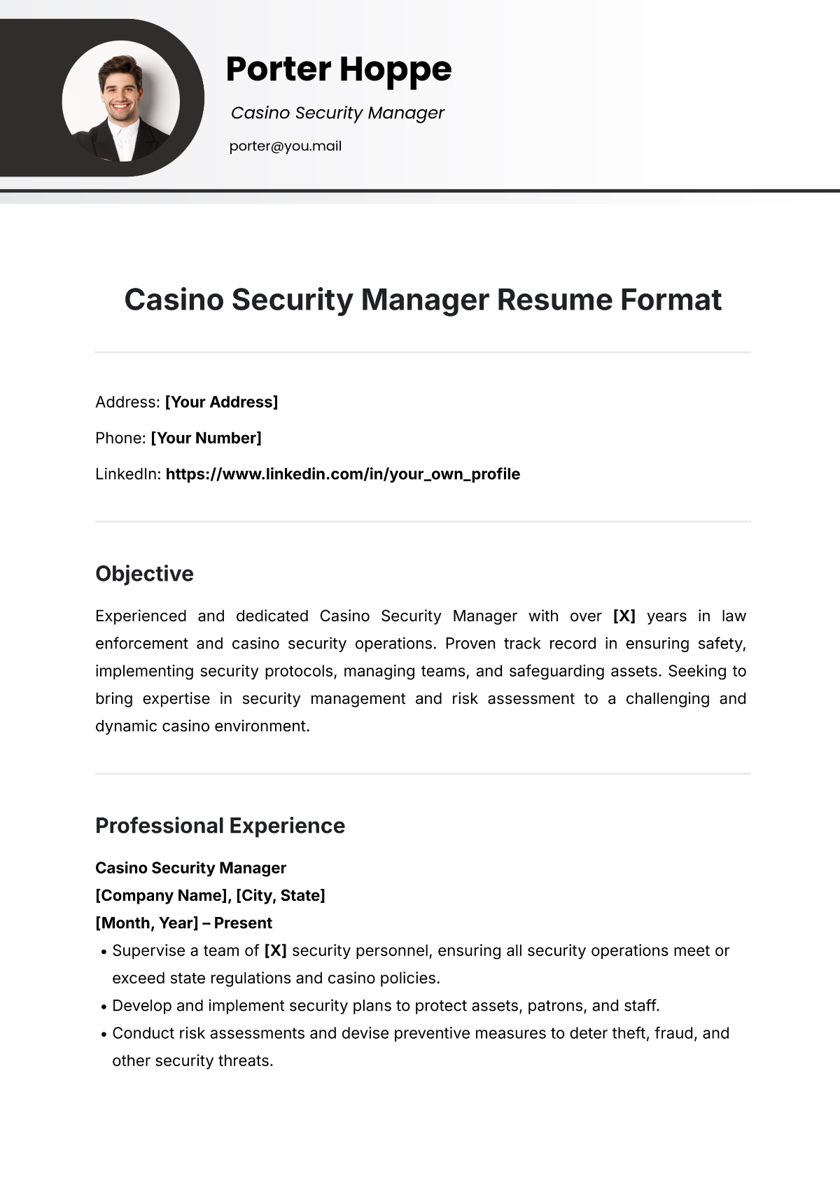 Free Casino Security Manager Resume Format Template