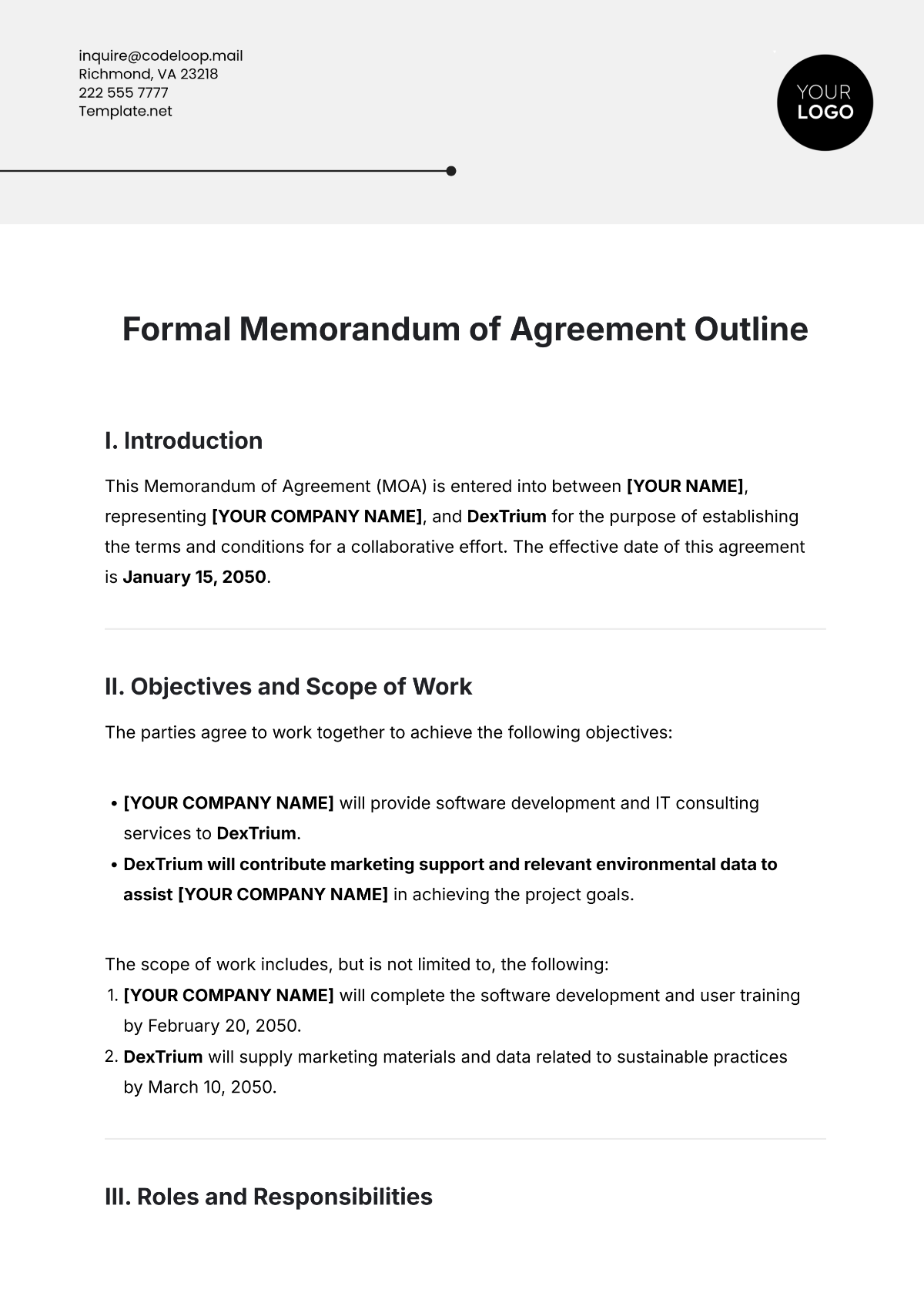 Free Formal Memorandum of Agreement Outline Template