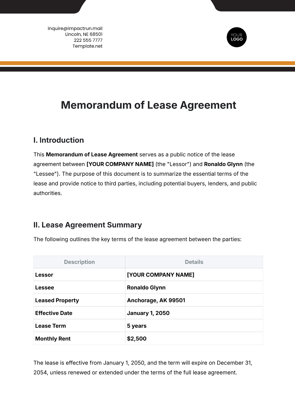 Free Memorandum of Lease Agreement Template