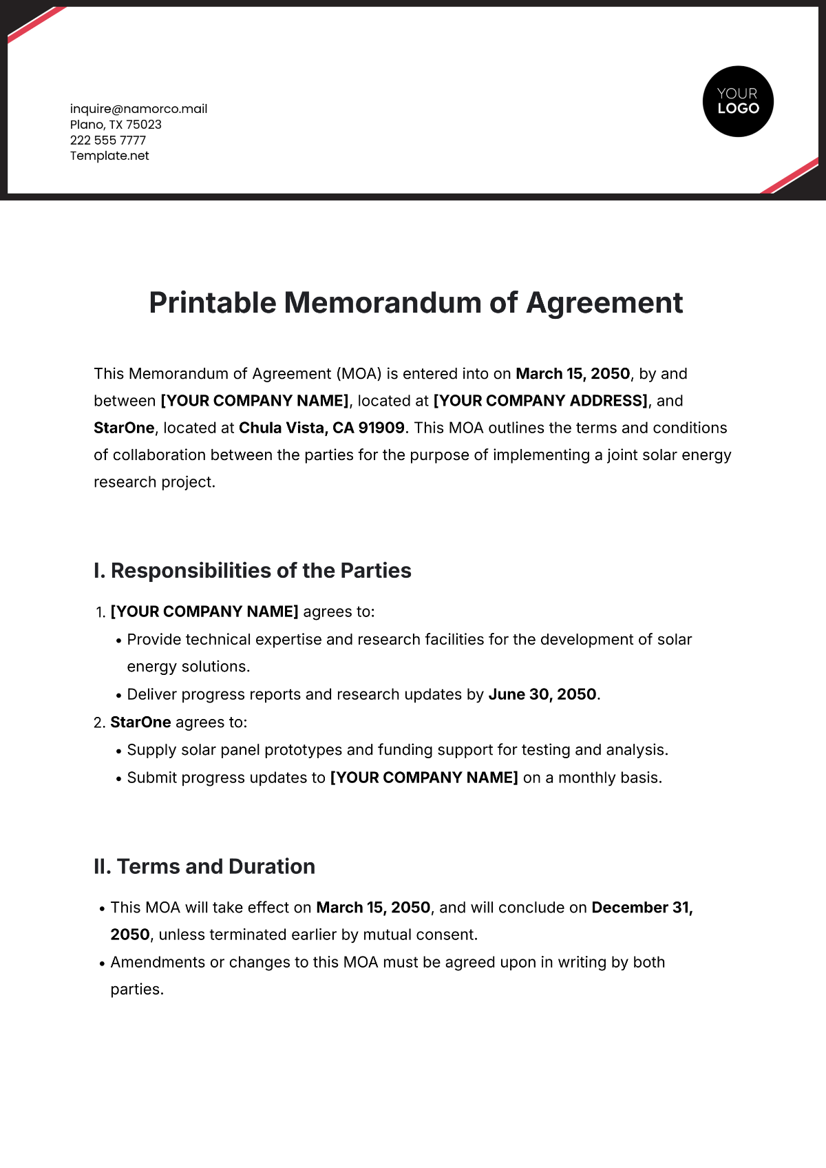 Free Printable Memorandum of Agreement Template