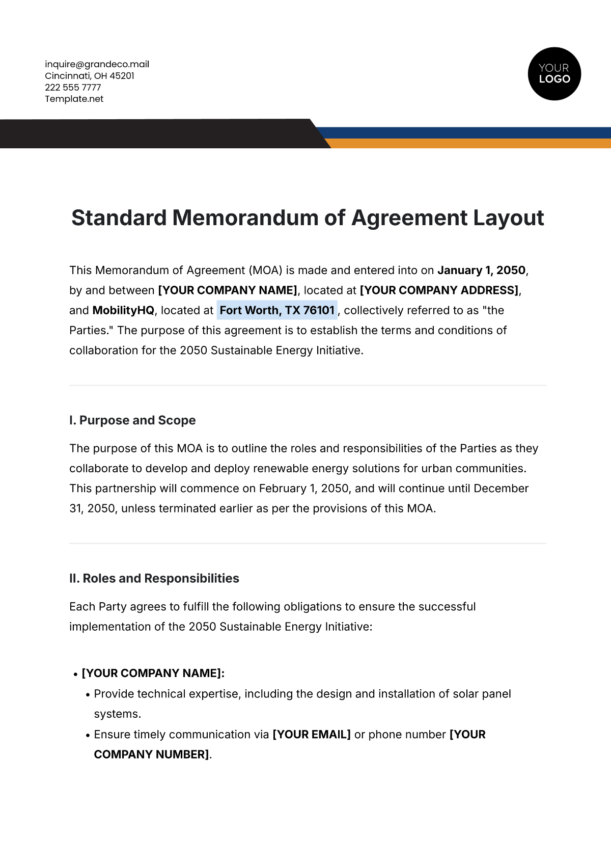 Free Standard Memorandum of Agreement Layout Template