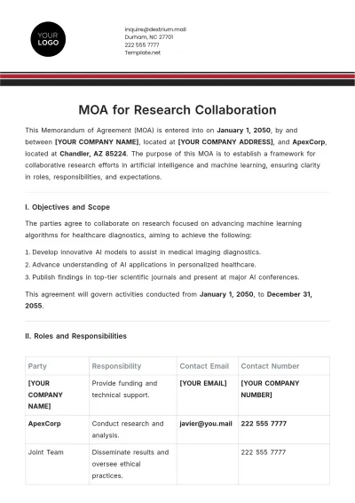 Free MOA Template for Research Collaboration to Edit Online