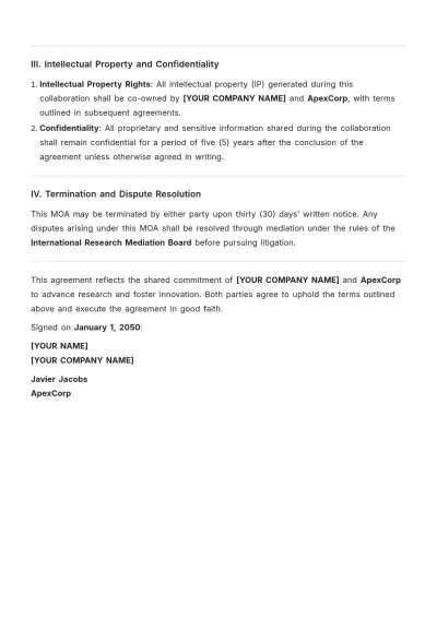 Free MOA Template for Research Collaboration to Edit Online