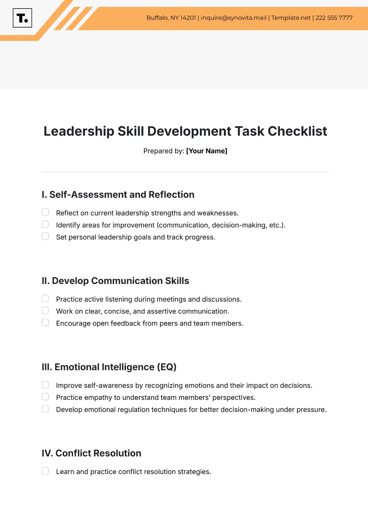 Free Leadership Skill Development Task Checklist Template