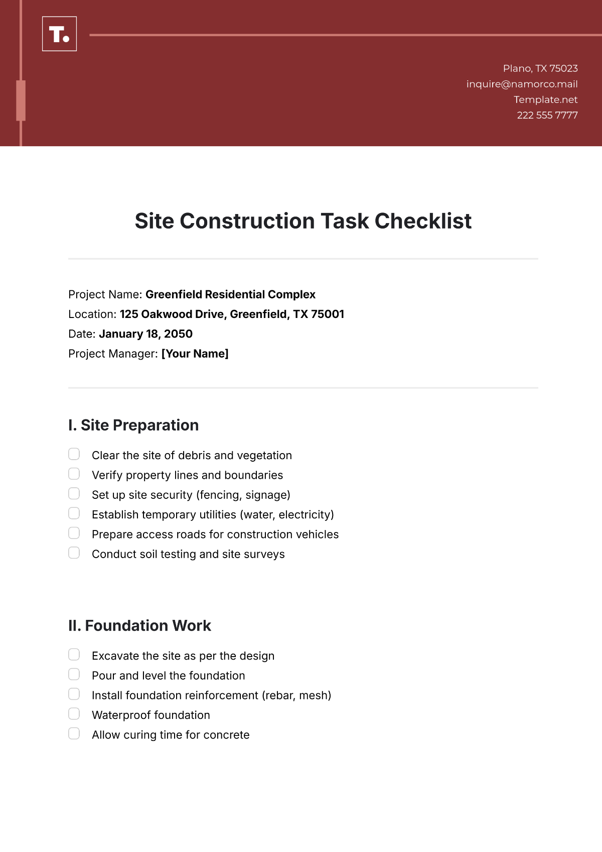 Free Site Construction Task Checklist Template