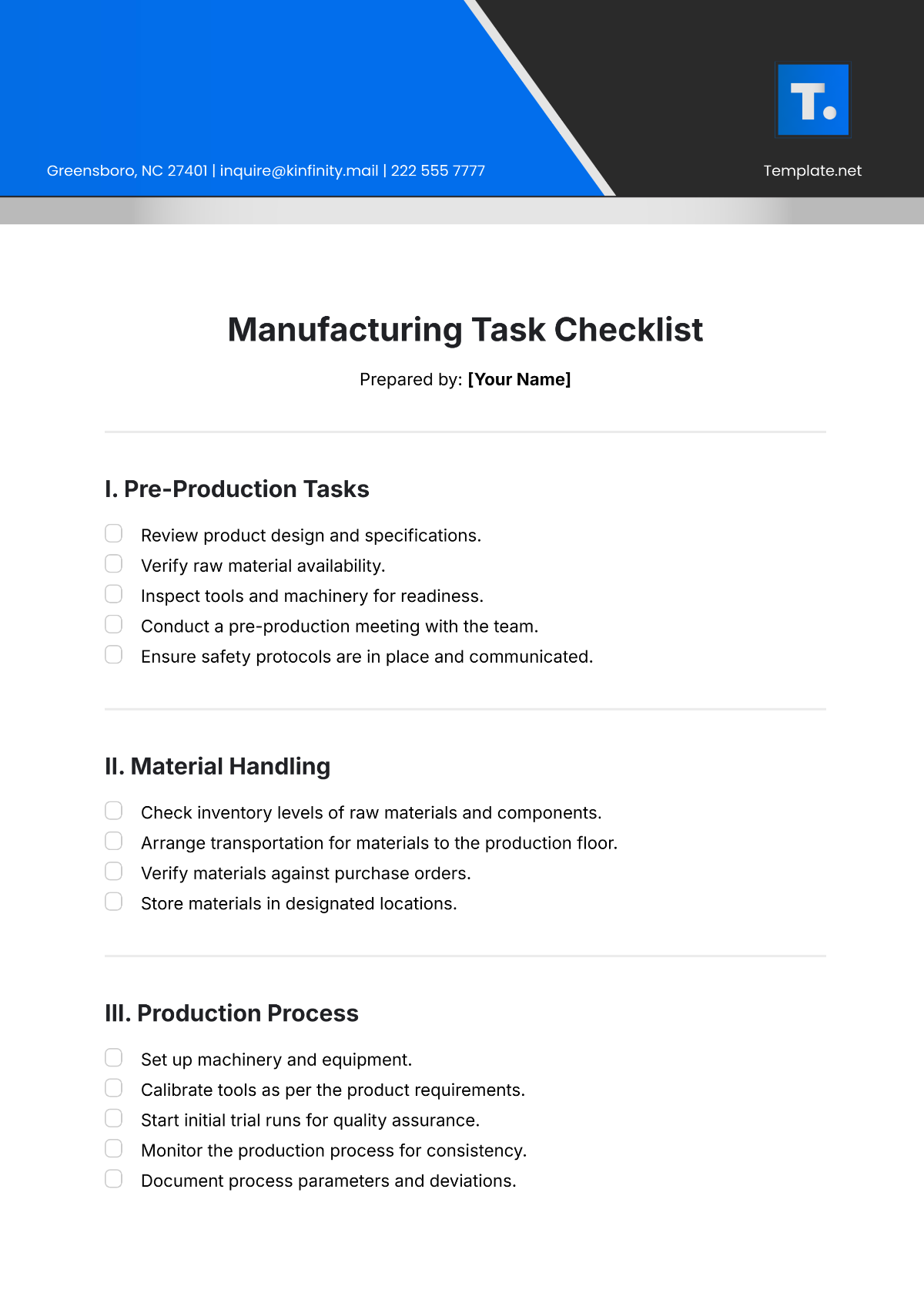 Free Manufacturing Task Checklist Template