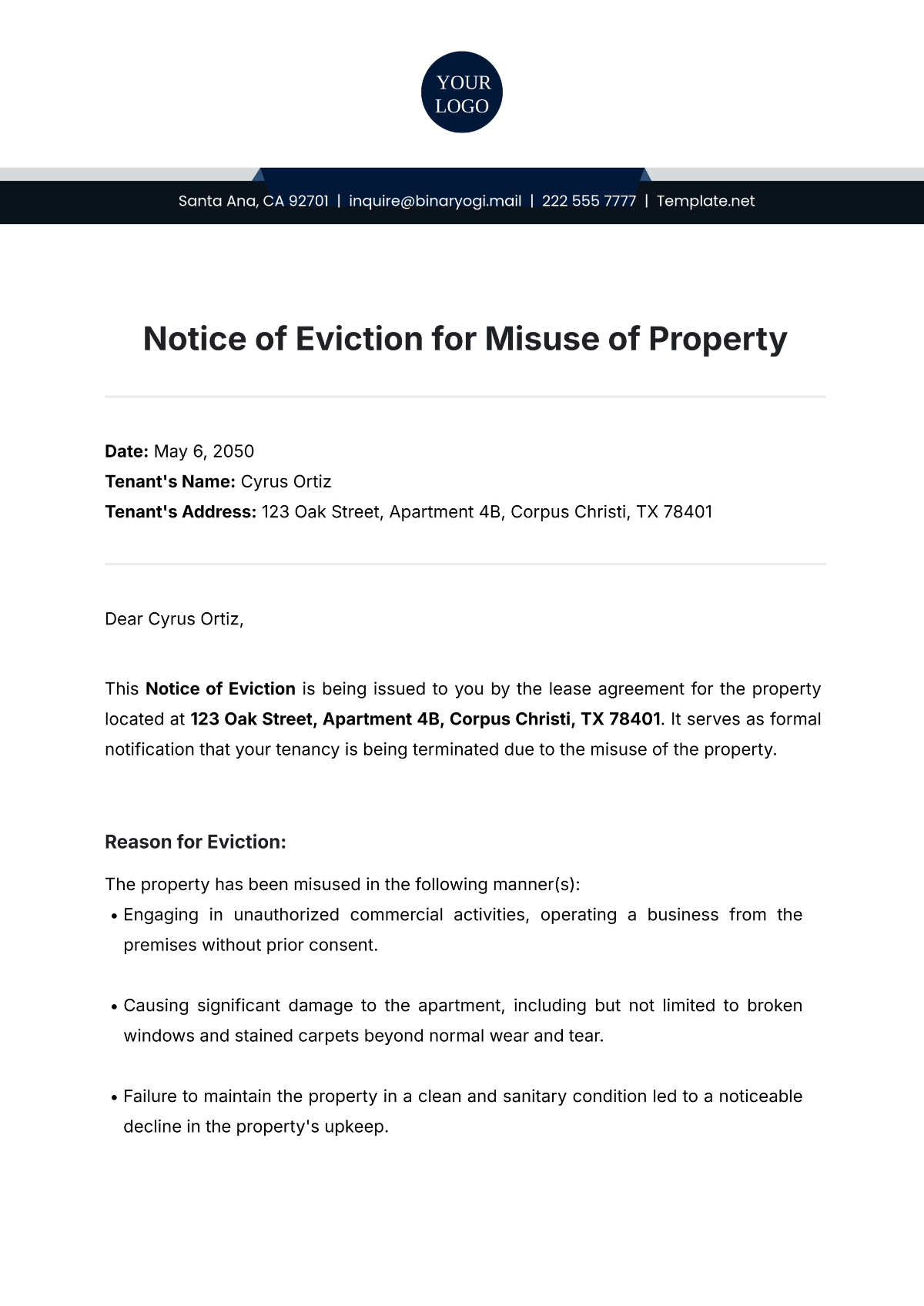 Free Notice of Eviction for Misuse of Property Template