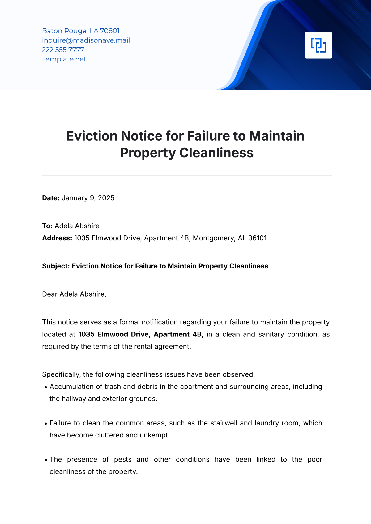 Free Eviction Notice for Failure to Maintain Property Cleanliness Template