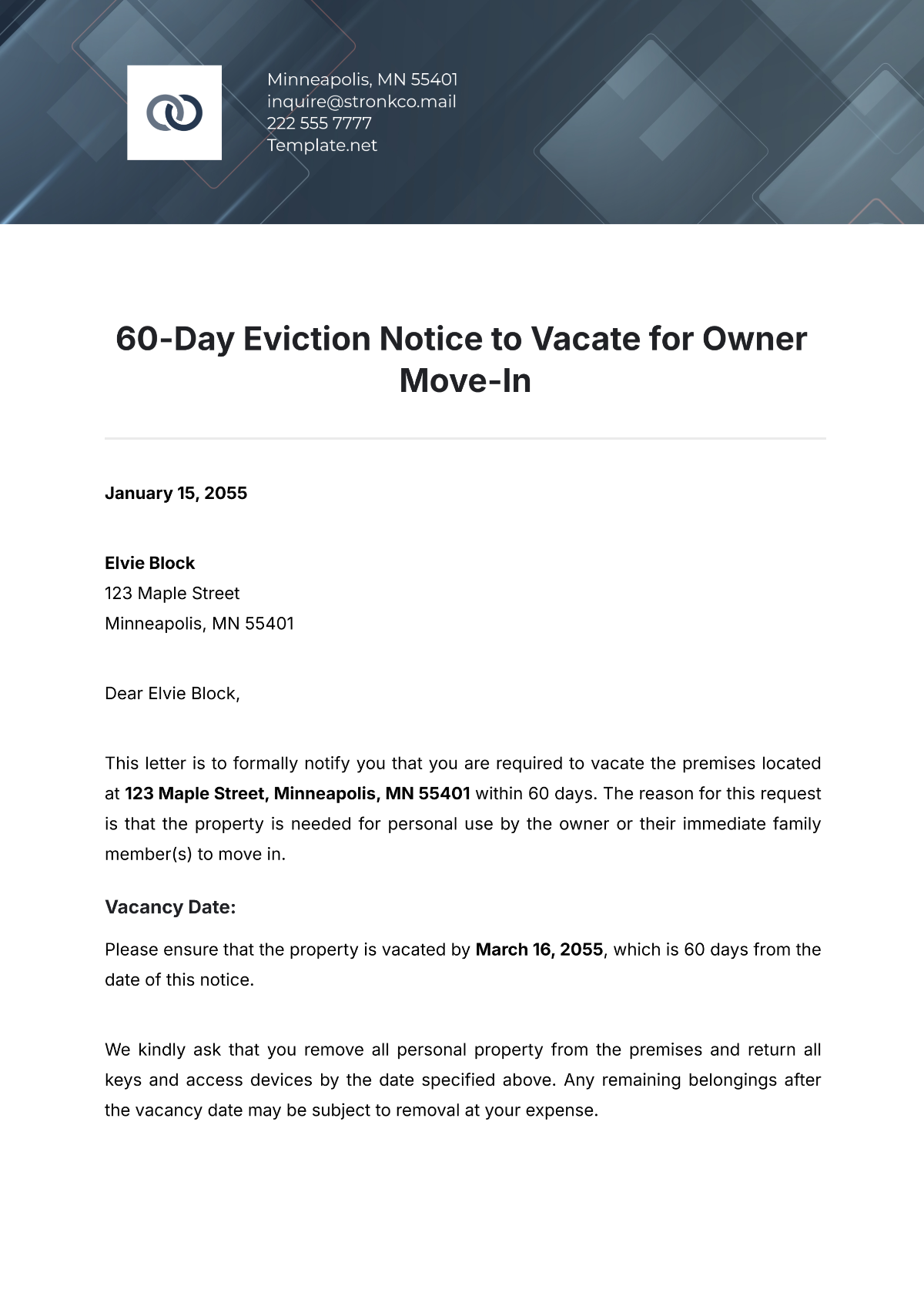 Free 60-Day Eviction Notice to Vacate for Owner Move-In Template