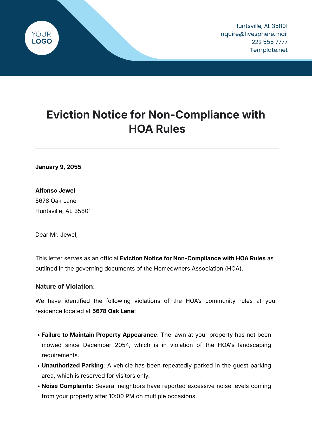 Free Eviction Notice for Non-Compliance with HOA Rules Template