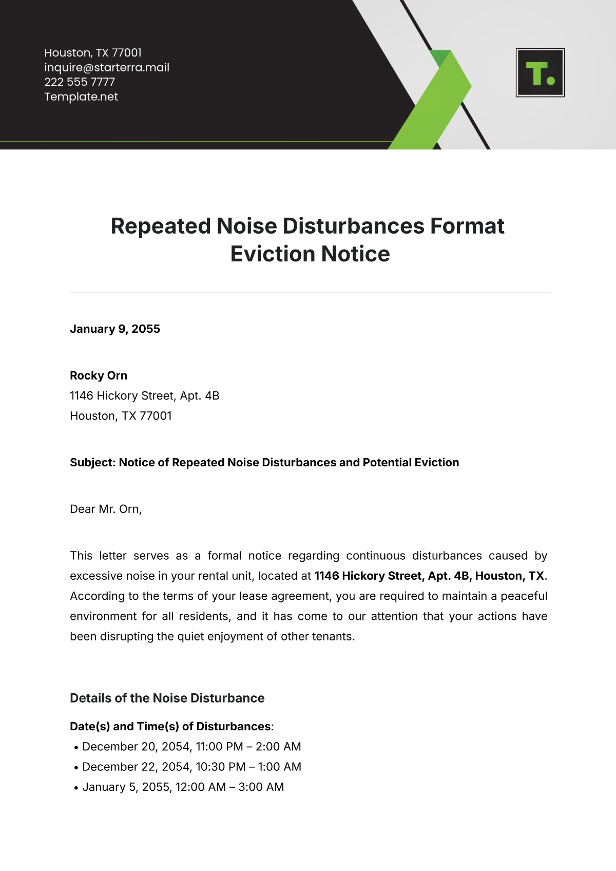 Free Repeated Noise Disturbances Format Eviction Notice Template