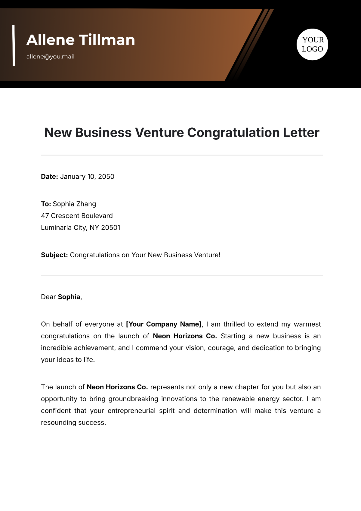 New Business Venture Congratulation Letter Template