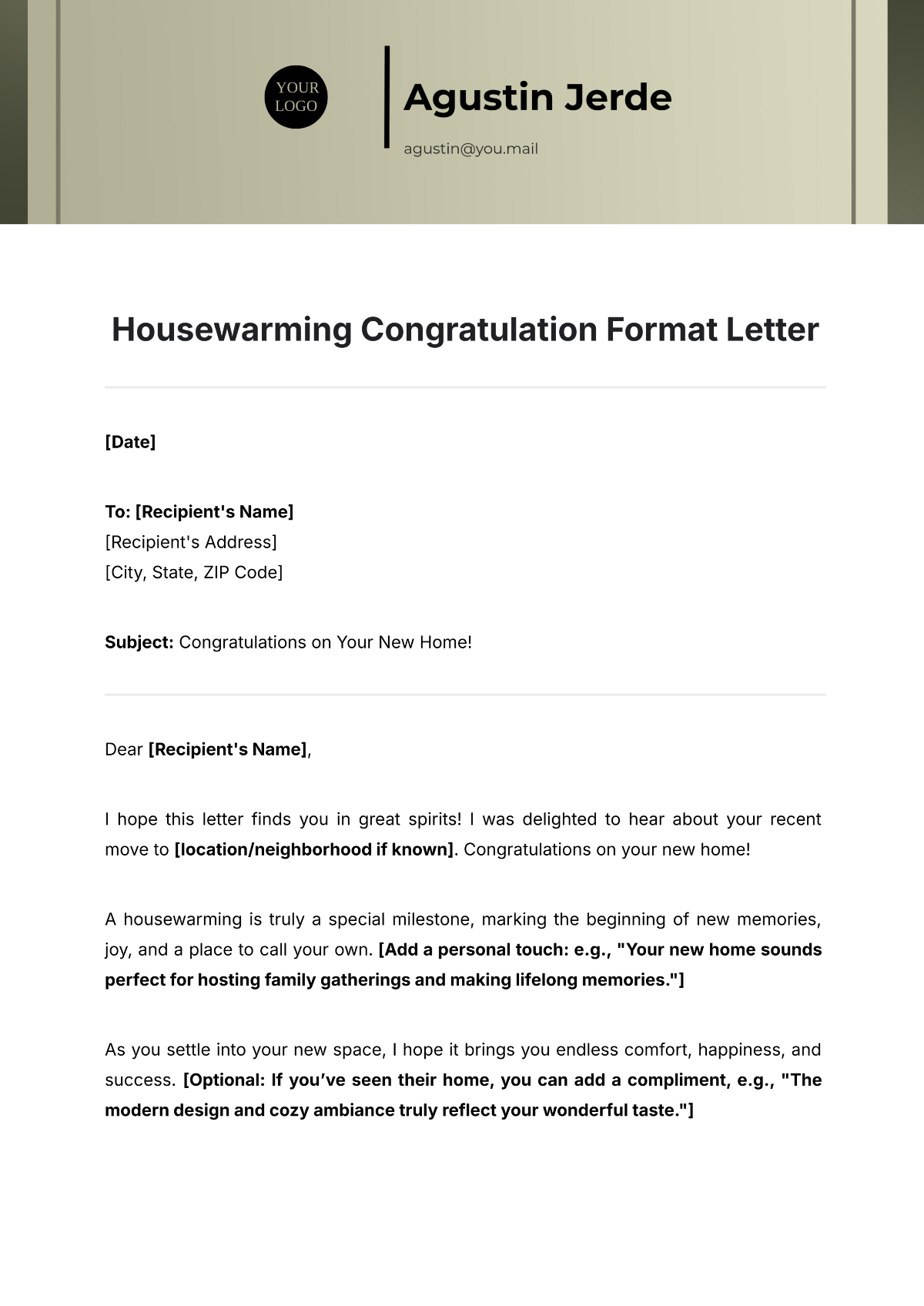 Housewarming Congratulation Format Letter Template