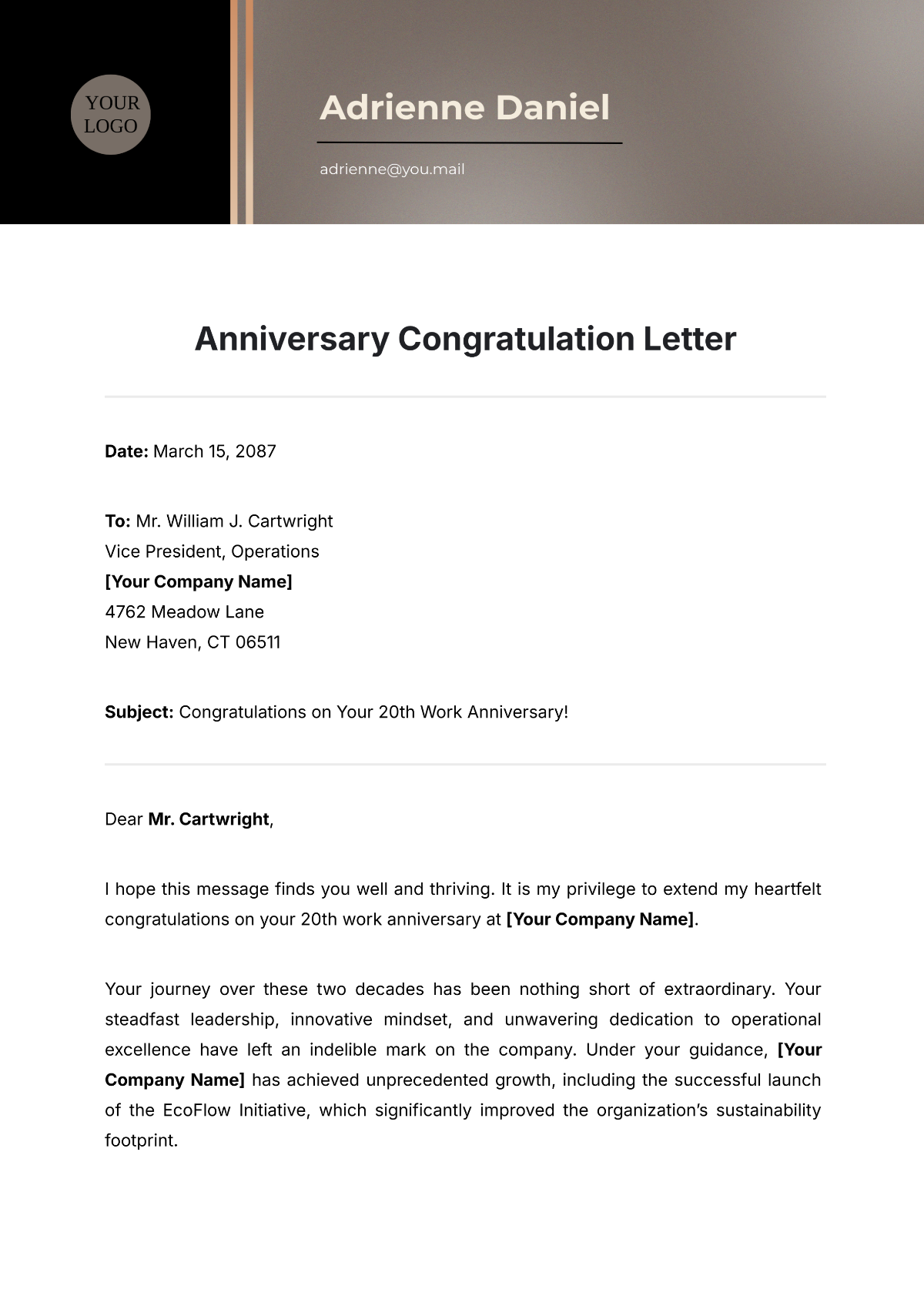 Anniversary Congratulation Letter Template