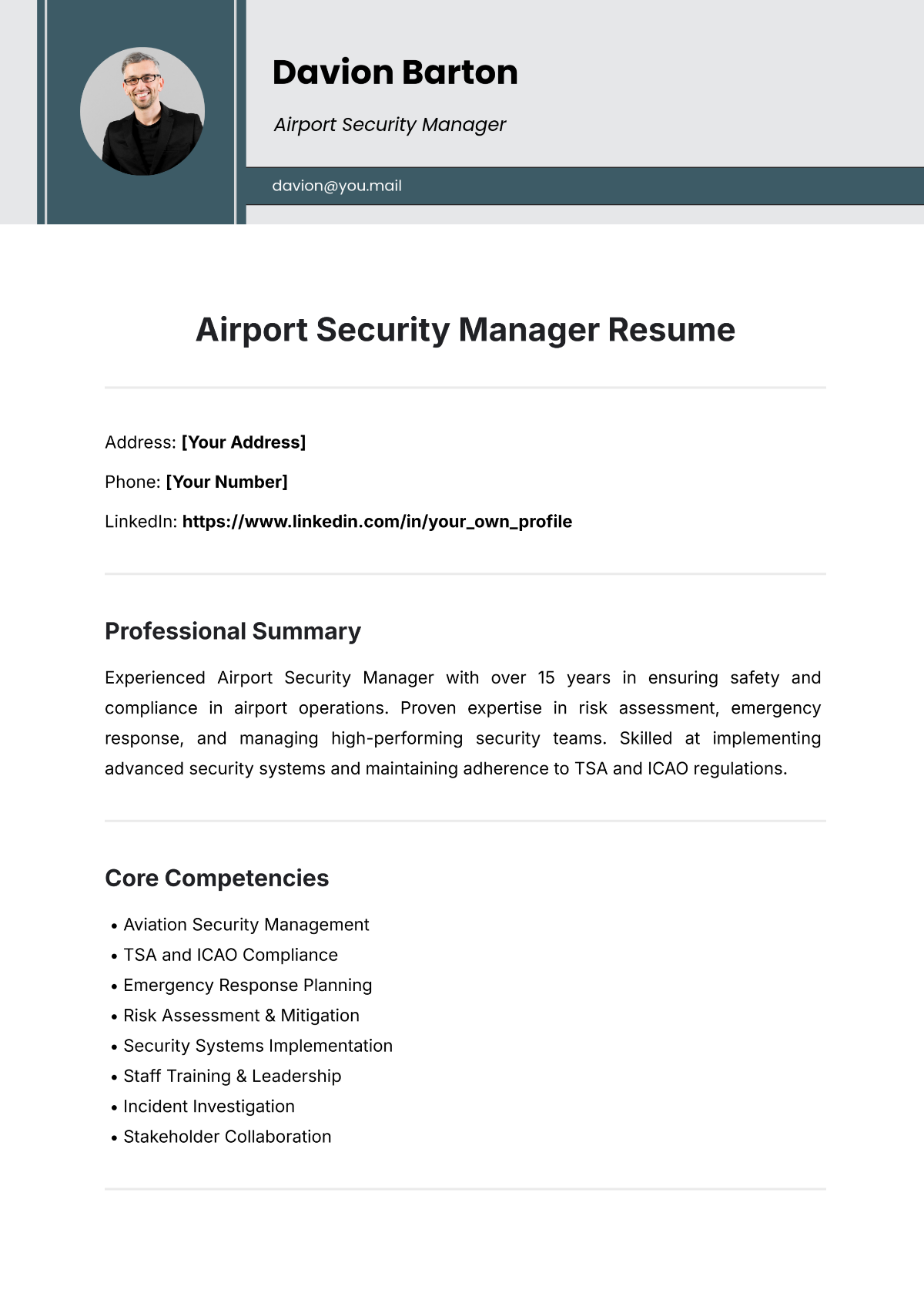 Free Airport Security Manager Resume Template