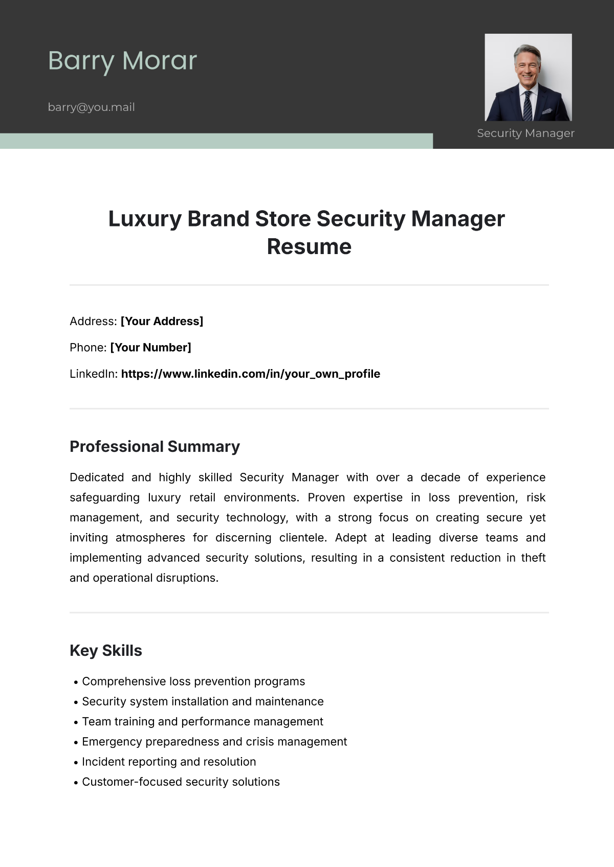 Free Luxury Brand Store Security Manager Resume Template