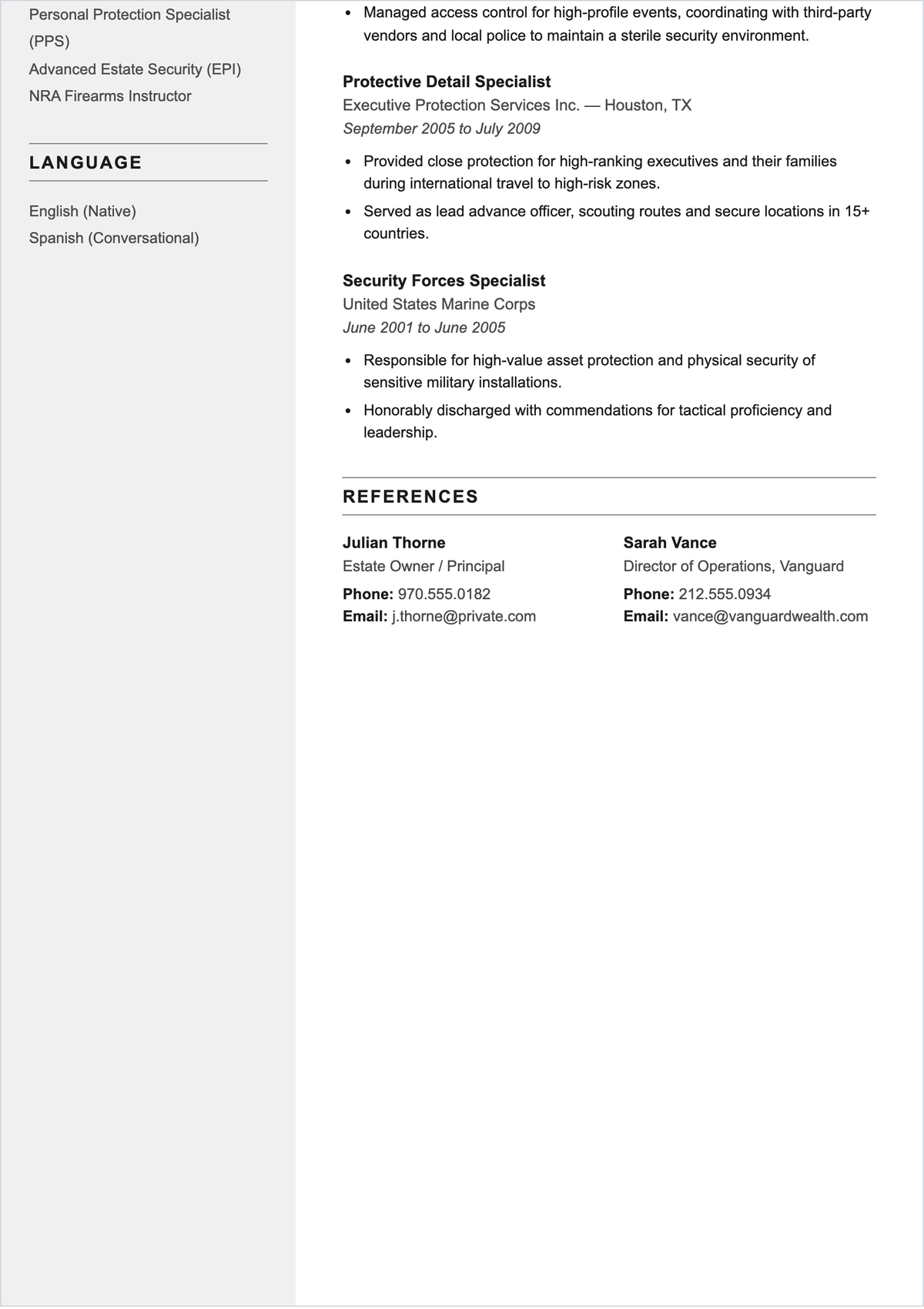 Free Private Property Estate Security Manager ATS Resume Template