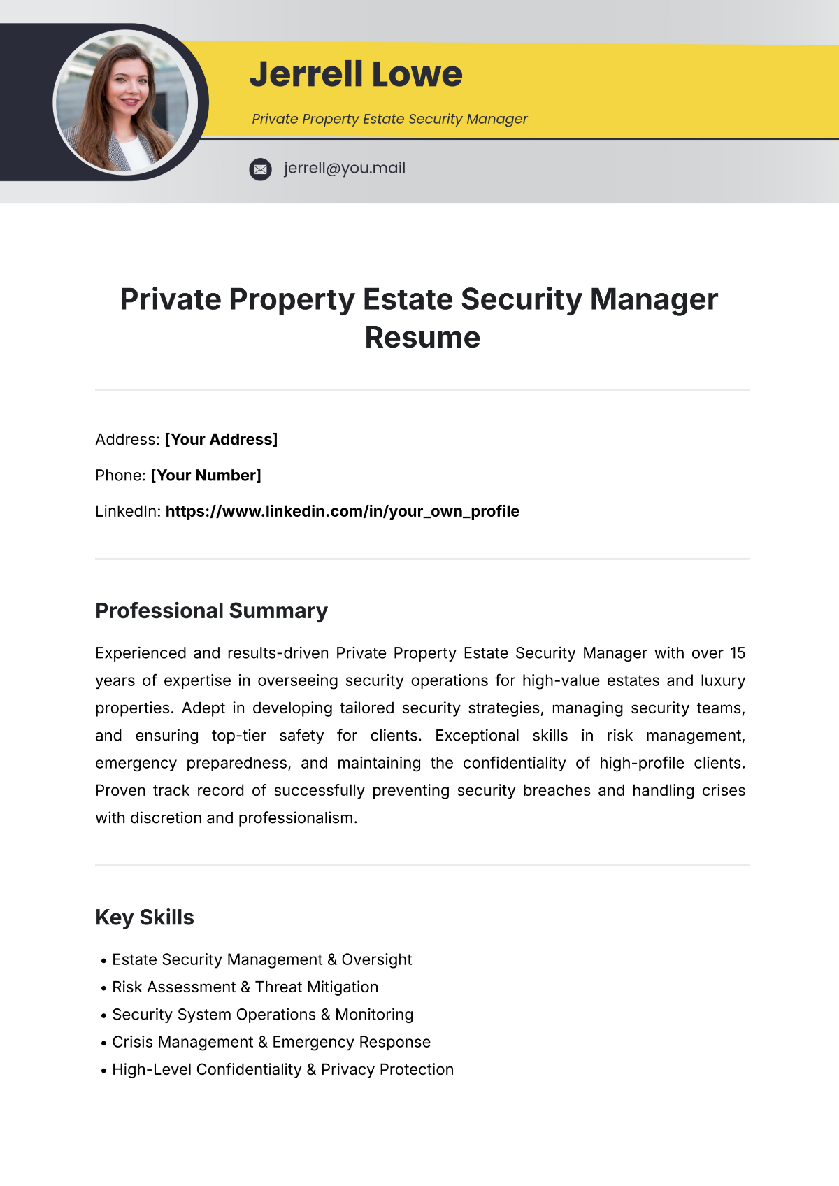 Private Property Estate Security Manager Resume Template