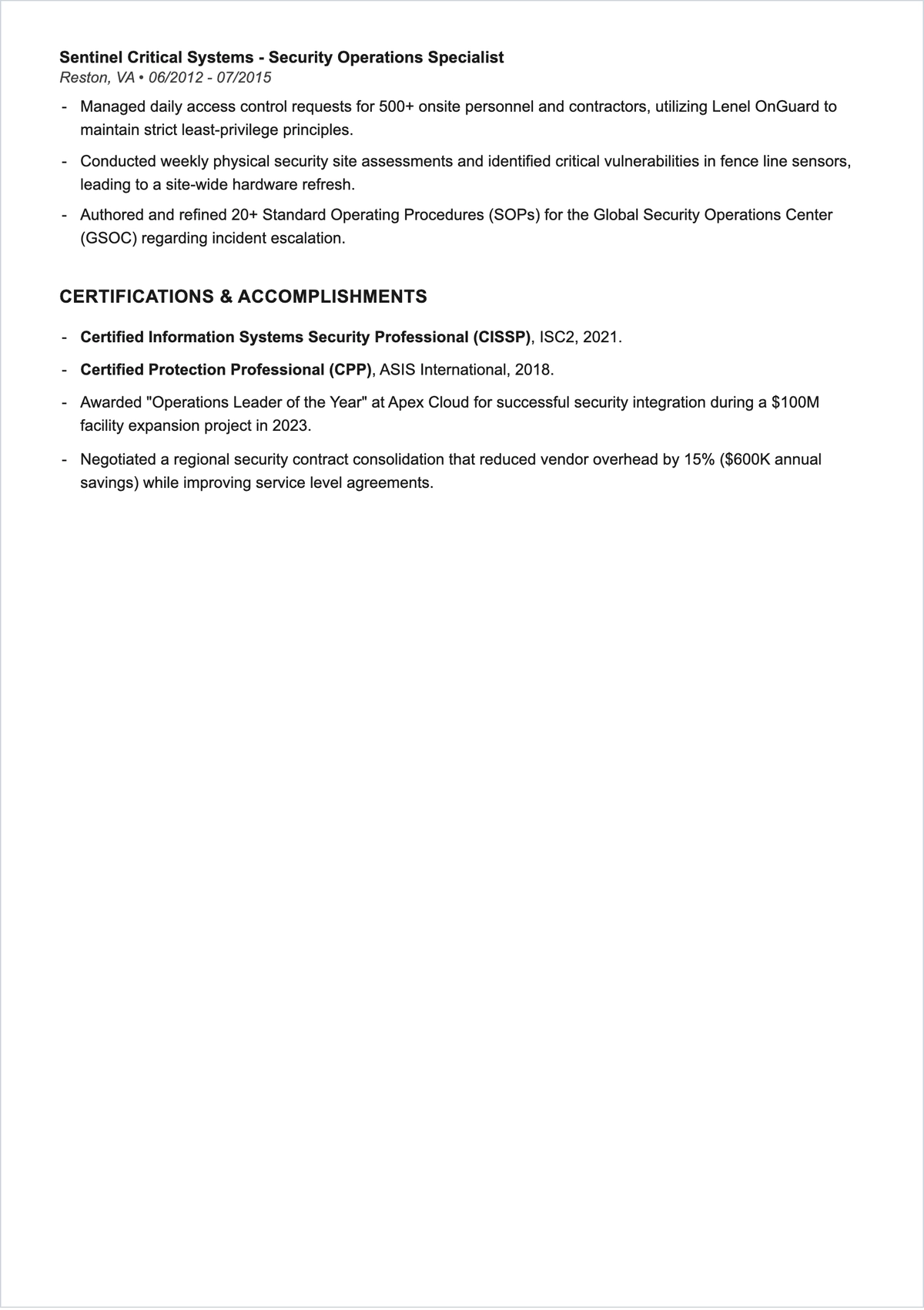 Free Simple Data Center Security Manager ATS Resume Template