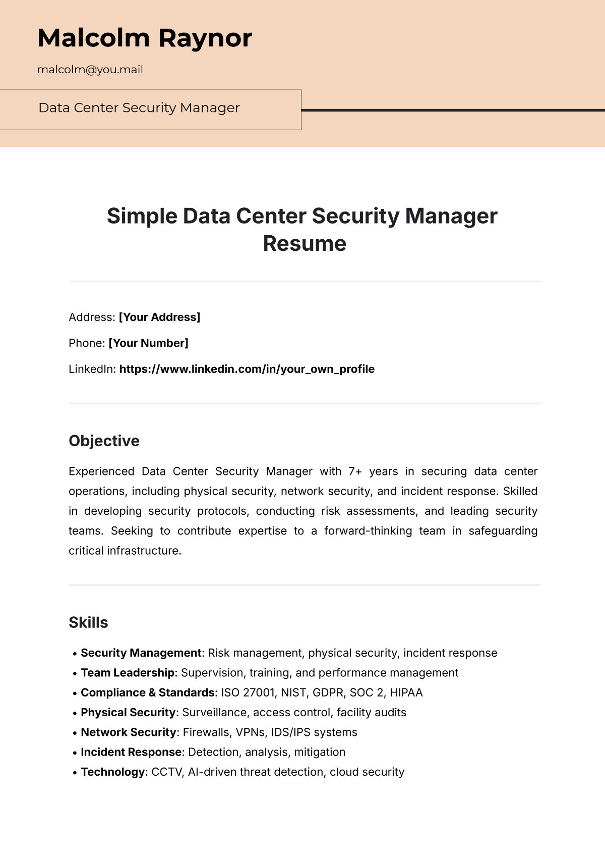 Simple Data Center Security Manager Resume Template