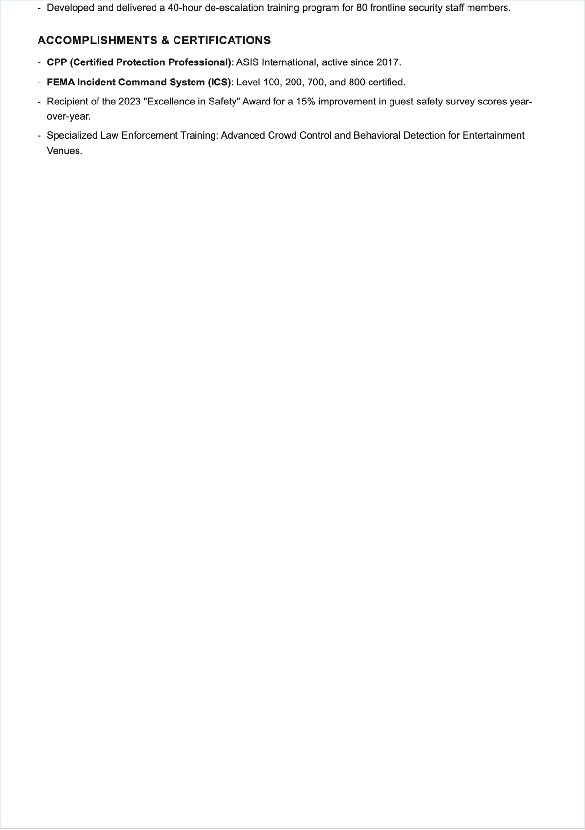 Free Theme Park Security Manager ATS Resume Template