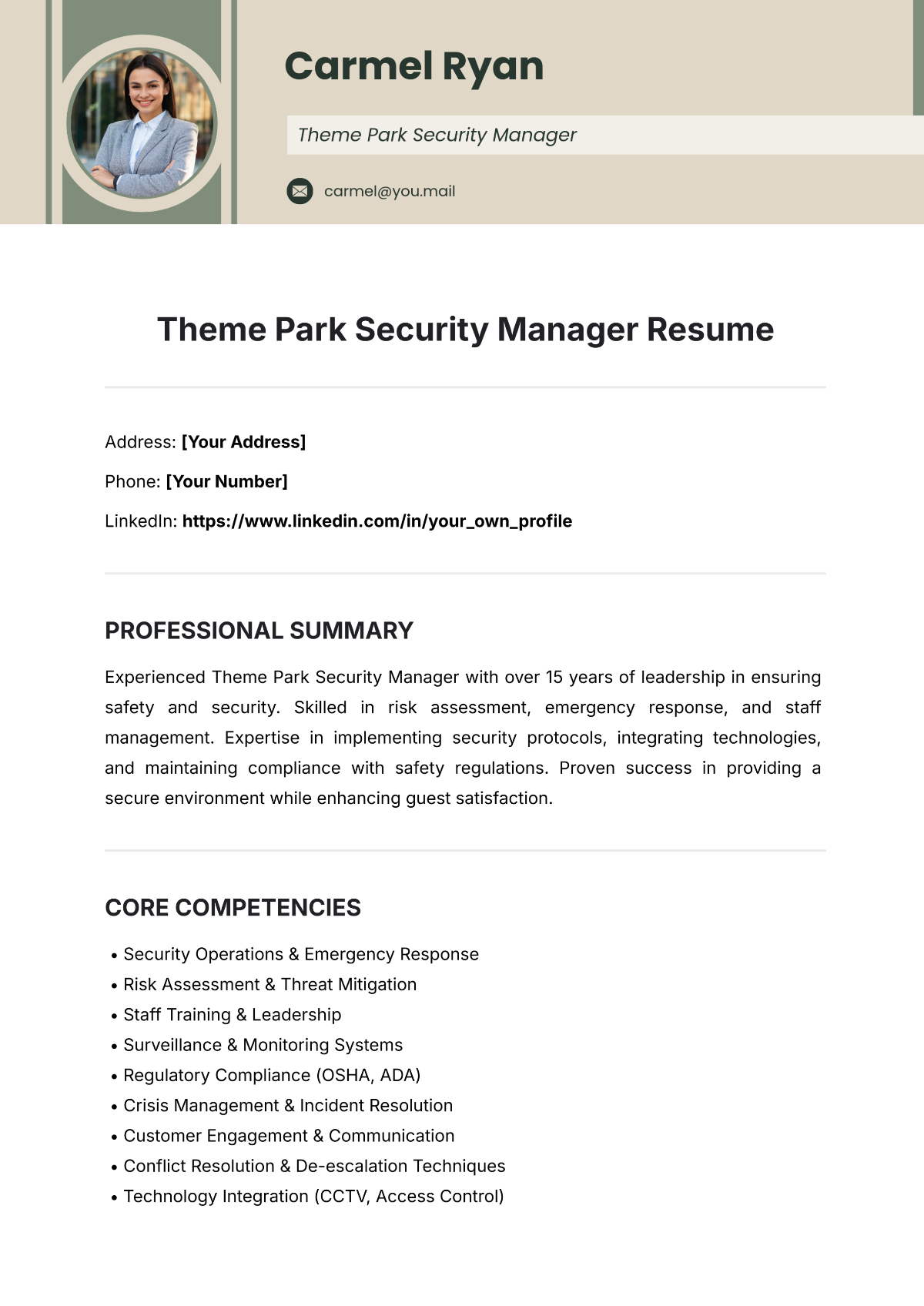 Theme Park Security Manager Resume Template