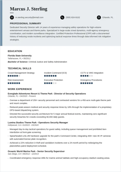 Free Theme Park Security Manager ATS Resume Template