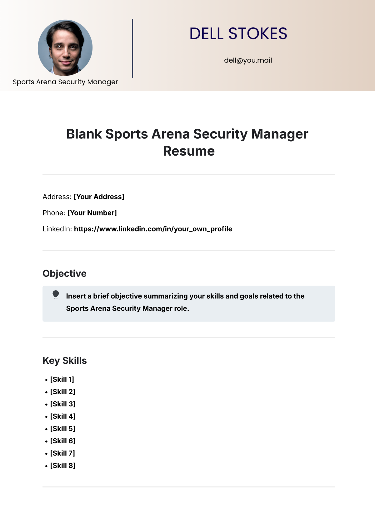 Blank Sports Arena Security Manager Resume Template